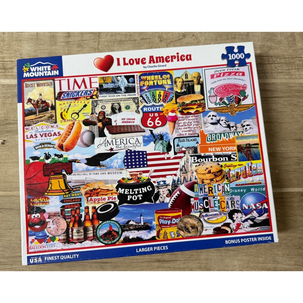 White Mountain Jigsaw Puzzle I Love America 1000 pc Collage USA 1279 Open Box